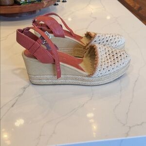 Lucky Brand Wedge Espadrille Slingback Sandals - Coral and Natural